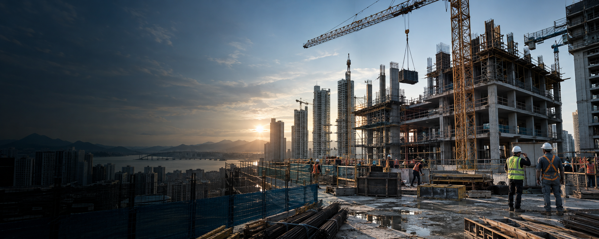 Canteiro de obras de grande escala com profissionais e guindastes em operação