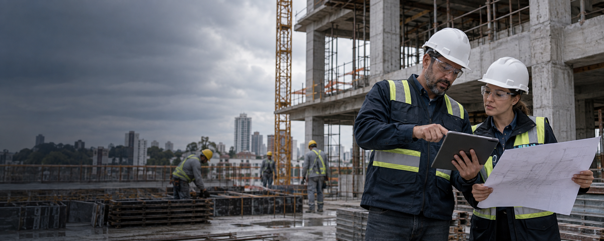 Engenheiros coordenando uma operação em um canteiro de obras